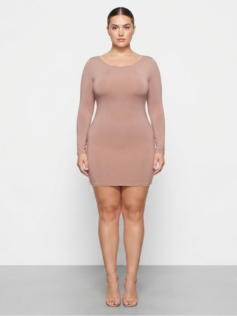 Benetton Italy Nude Blush Bodycon Dress Open Cowl Back Stretch Mini Size L